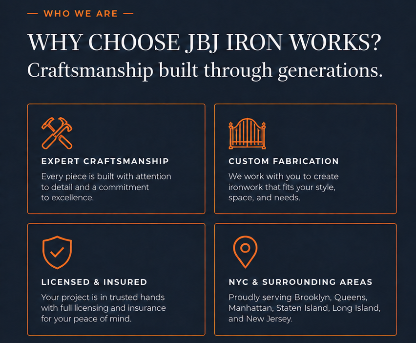 Why Choose JBJ Iron Works: Expert Craftsmanship, Custom Fabrication, Licensed and Insured, NYC and Surrounding Areas